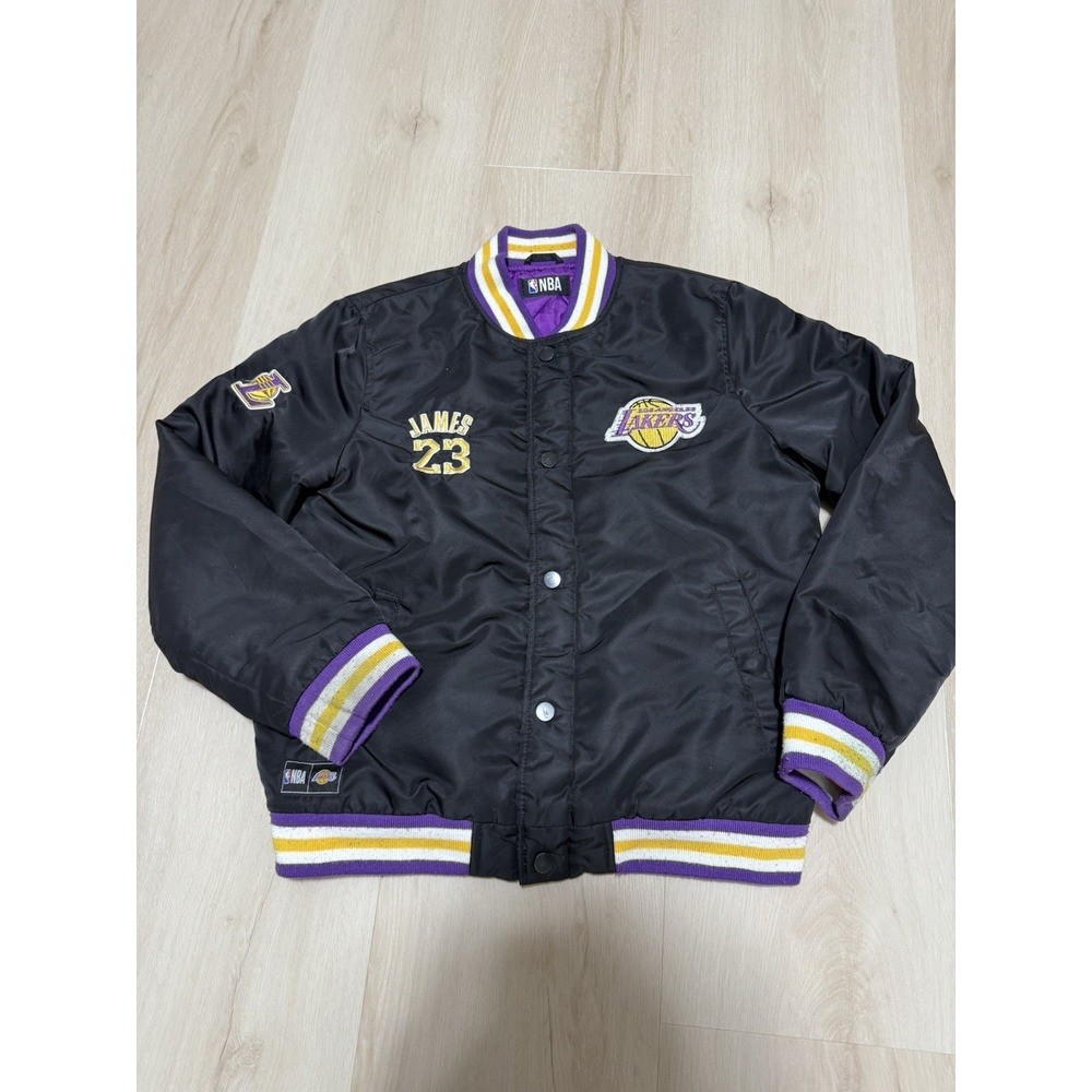 Los Angeles Lakers Lebron James #23 Satin Bomber Jacket Kids Size Large Black